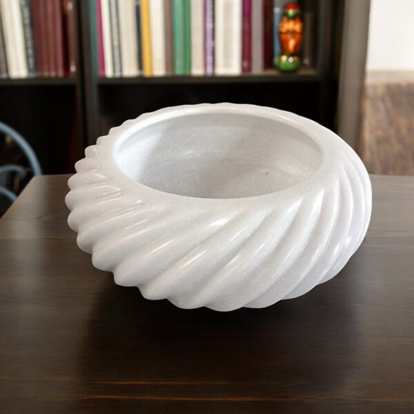 9 Inch White Marble Ribbed Decorative Wave Ruffle Fruit Bowl for Home and Office, Gift for Someone you Love
