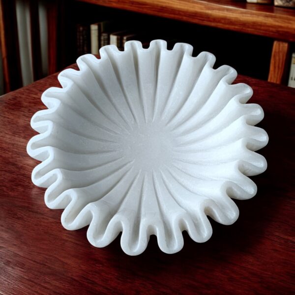 9 Inch Decorative White Marble Ribbed Wave Ruffle Bowl Fruit Bowl for Home & Office, Gift for Someone you Love