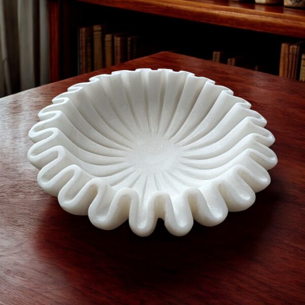 9 Inch Decorative White Marble Ribbed Wave Ruffle Bowl Fruit Bowl for Home & Office, Gift for Someone you Love - Image 2
