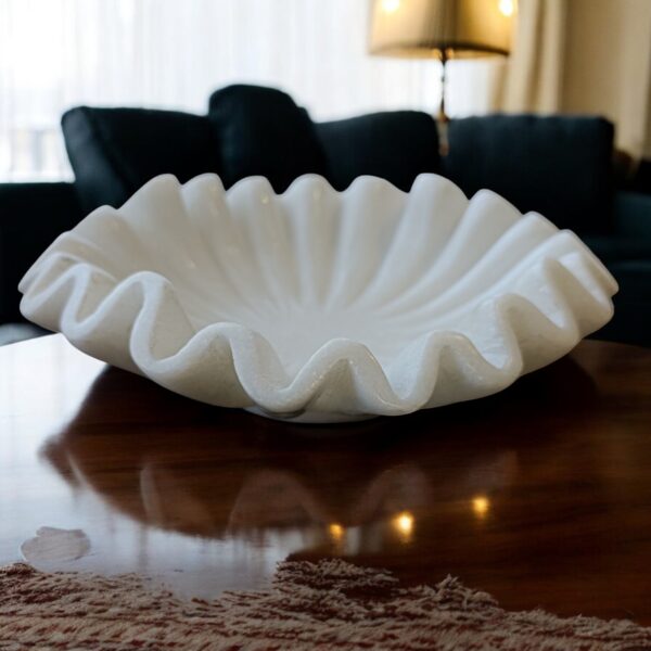 9 Inch Decorative White Marble Ribbed Wave Ruffle Fruit Bowl for Home Decor For a Housewarming Gift - Image 2