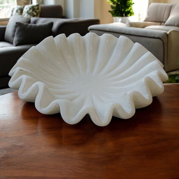 9 Inch Decorative White Marble Ribbed Wave Ruffle Fruit Bowl for Home Decor For a Housewarming Gift - Image 3