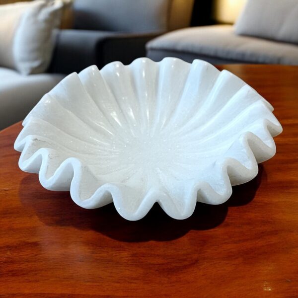 9 Inch Decorative White Marble Ribbed Wave Ruffle Fruit Bowl for Home Decor For a Housewarming Gift