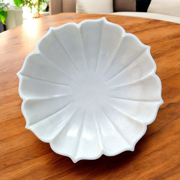 Decorative 12 Inch White Marble Ribbed Wave Ruffle Bowl Fruit Bowl for Home Decor For Housewarming Gift - Image 3