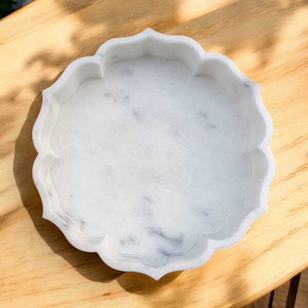 9 Inches Floral Shape Decorative White Marble Ribbed Wave Ruffle Fruit Bowl for Home and Office, Gift for Someone you Love - Image 2