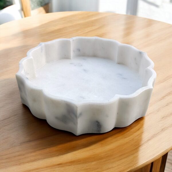 9 Inches Floral Shape Decorative White Marble Ribbed Wave Ruffle Fruit Bowl for Home and Office, Gift for Someone you Love