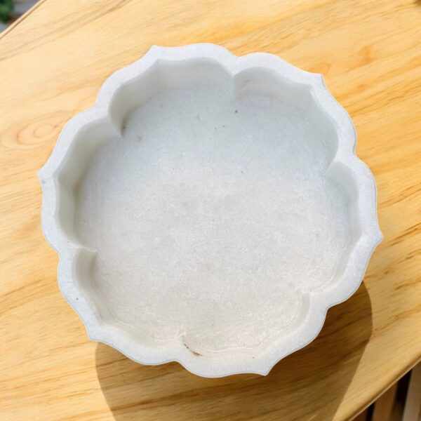 9 Inches Floral Shape Decorative White Marble Ribbed Wave Ruffle Fruit Bowl for Home and Office, Gift for Someone you Love - Image 4