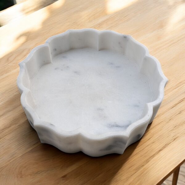 9 Inches Floral Shape Decorative White Marble Ribbed Wave Ruffle Fruit Bowl for Home and Office, Gift for Someone you Love - Image 5