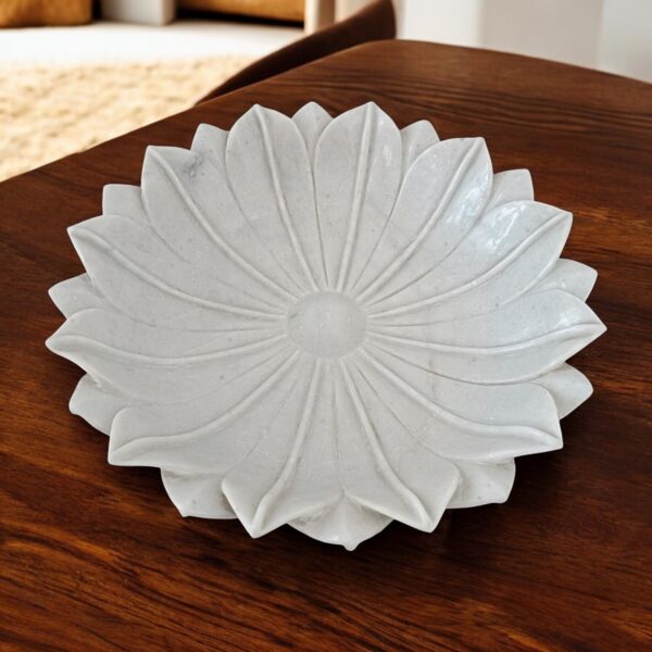 18 Inch Decorative White Lotus Marble Ribbed Wave Ruffle Bowl Fruit Bowl for Home and Office, Gift for Someone you Love - Image 2