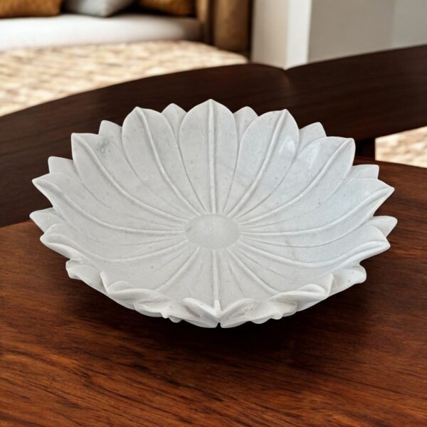 18 Inch Decorative White Lotus Marble Ribbed Wave Ruffle Bowl Fruit Bowl for Home and Office, Gift for Someone you Love