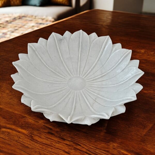 18 Inch Decorative White Lotus Marble Ribbed Wave Ruffle Bowl Fruit Bowl for Home and Office, Gift for Someone you Love - Image 3