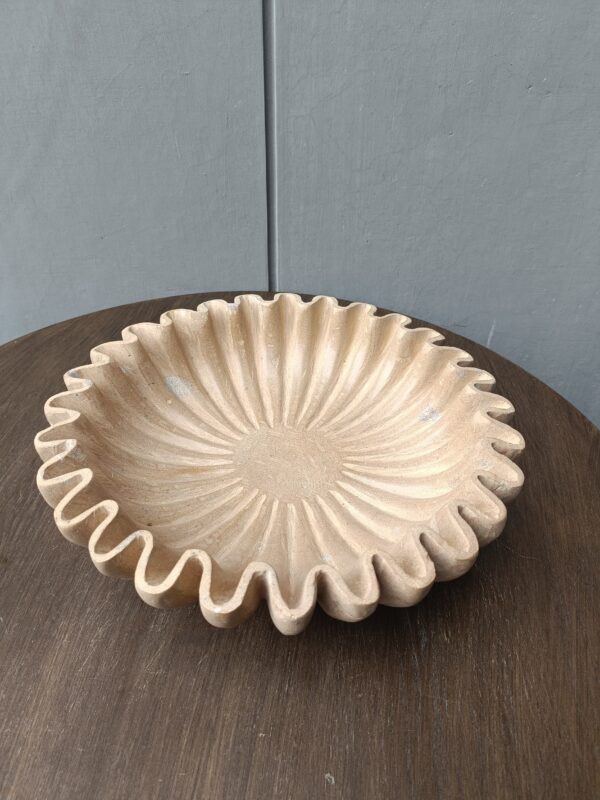 15 Inch Decorative Beige Jaisalmer Stone Ribbed Wave Ruffle Fruit Bowl for Home and Office, Gift for Someone you Love
