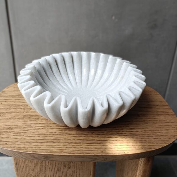 12 Inch White Marble Ruffle Wave Ribbed Bowl Fruit Bowl for Home and Office, Gift for Someone you Love