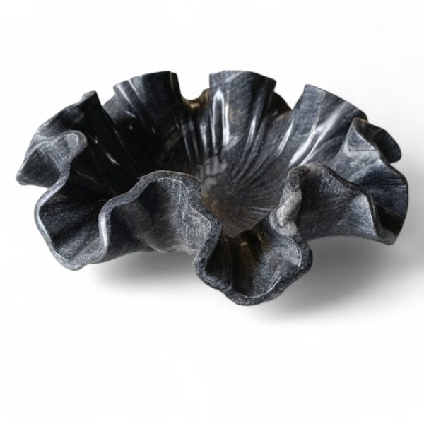 12 Inch Decorative Greyish Black Marble Floral Ribbed Wave Ruffle Fruit Bowl for Home and Office, Gift for Someone you Love