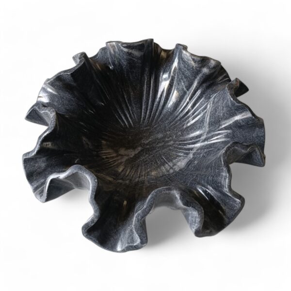 12 Inch Decorative Greyish Black Marble Floral Ribbed Wave Ruffle Fruit Bowl for Home and Office, Gift for Someone you Love - Image 4