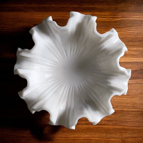 12 Inch Decorative White Marble Floral Ribbed Wave Ruffle Fruit Bowl for Home and Office, Gift for Someone you Love - Image 2