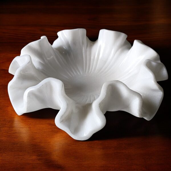 12 Inch Decorative White Marble Floral Ribbed Wave Ruffle Fruit Bowl for Home and Office, Gift for Someone you Love