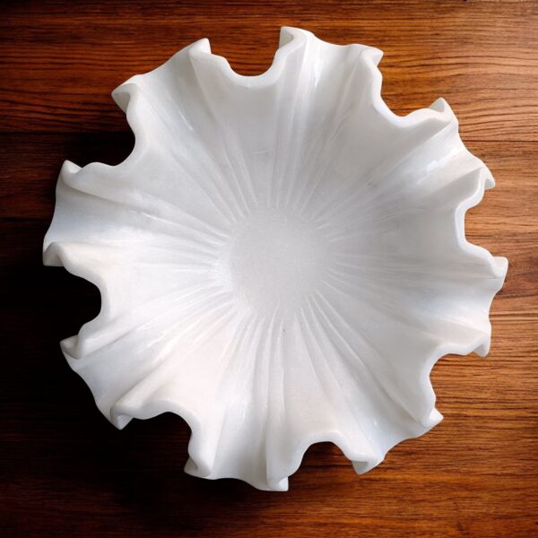 12 Inch Decorative White Marble Floral Ribbed Wave Ruffle Fruit Bowl for Home and Office, Gift for Someone you Love - Image 4