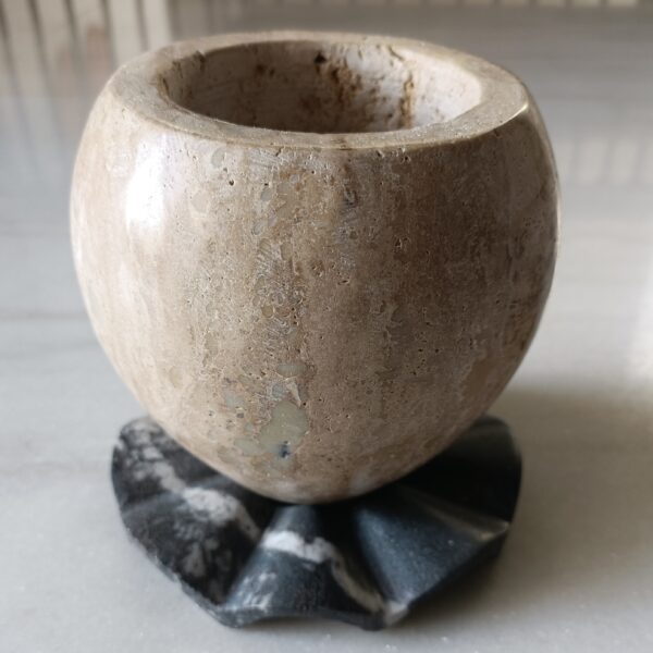 5 Inch Unique Round Decorative Travertine Marble Bowl/Small Pot/Planter with Marble Stand Home & Office Gift for Someone You Love