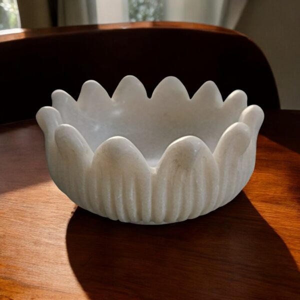 6 Inch Round Lotus Decorative White Marble Ribbed Wave Ruffle Bowl Fruit Bowl for Home & Office, Gift for Someone you Love - Image 4