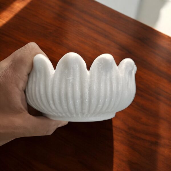 6 Inch Round Lotus Decorative White Marble Ribbed Wave Ruffle Bowl Fruit Bowl for Home & Office, Gift for Someone you Love - Image 2