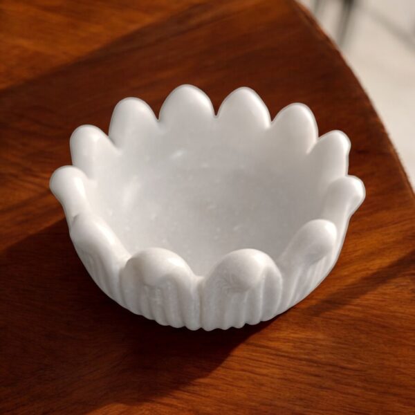 6 Inch Round Lotus Decorative White Marble Ribbed Wave Ruffle Bowl Fruit Bowl for Home & Office, Gift for Someone you Love