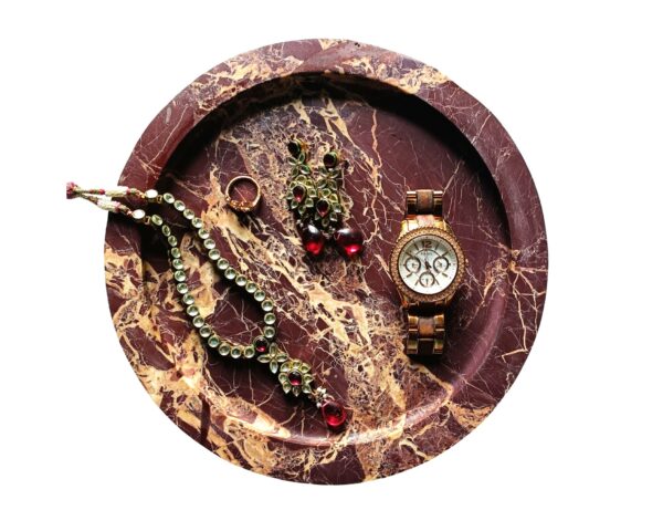 Round Circle Decorative Cherry Gold Marble Tray, Beautiful Serving Tray, Keys Tray, Jewellery Tray, Unique Tray Marble Platter for Gift Home Decor (Copy)