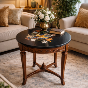 Luxury Handcrafted Black Marble Inlay Table with Floral & Bird Design