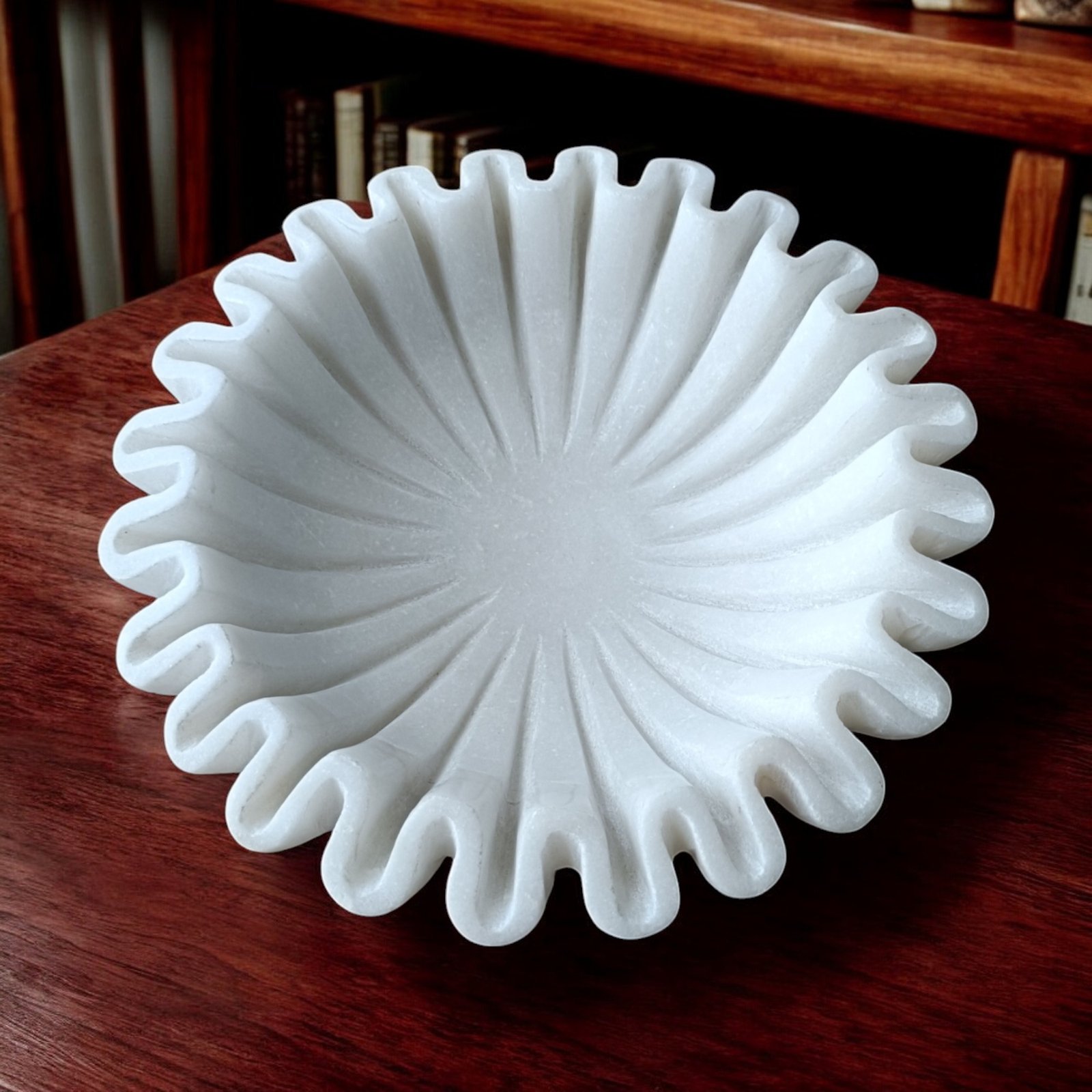 White Radial Ribbed Marble Wave Ruffle Bowl - 9 Inch