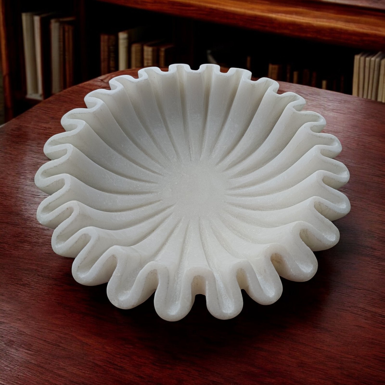 White Radial Ribbed Marble Wave Ruffle Bowl - 9 Inch - Image 3