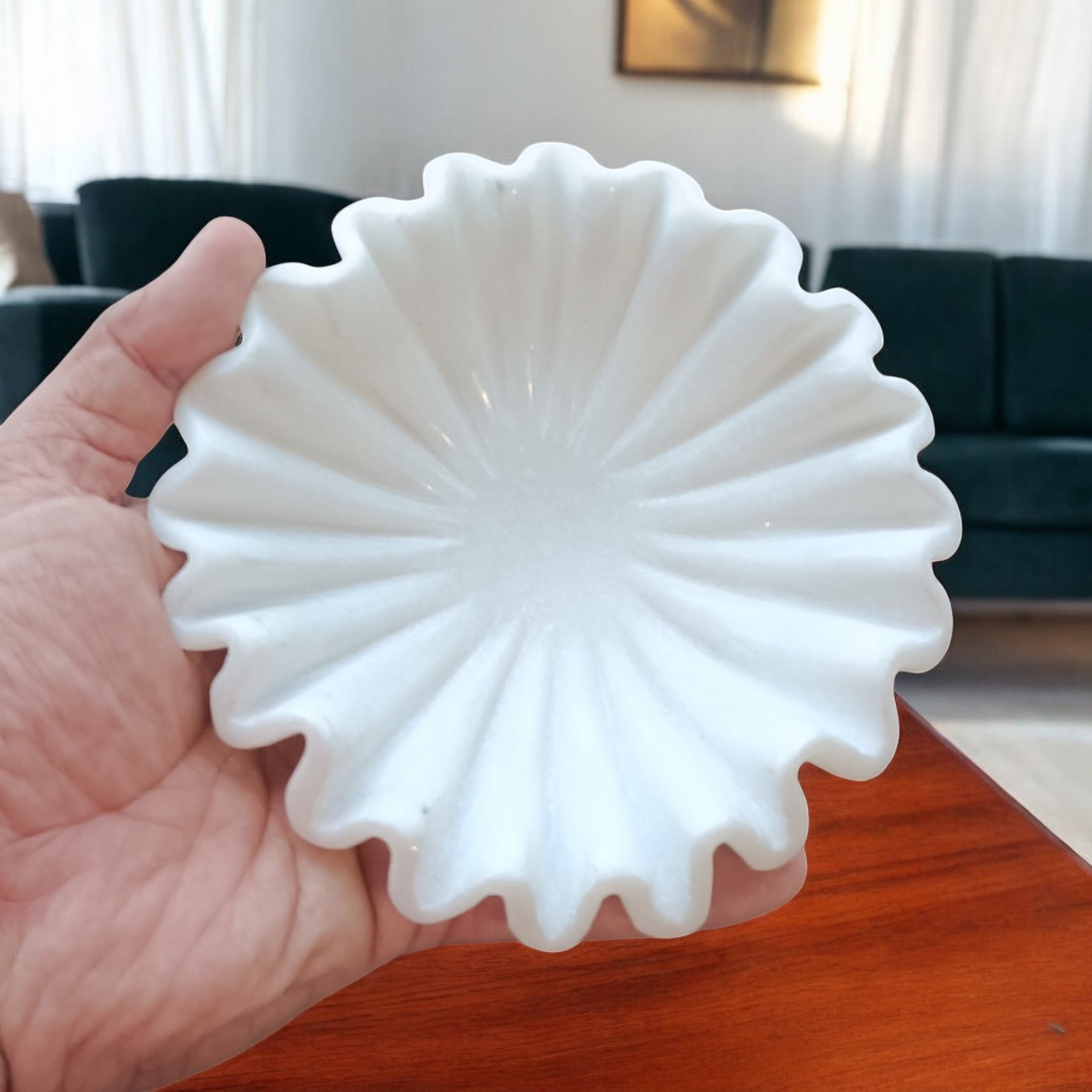 Snow White Fluted Petal Marble Decorative Bowl - 6 Inch