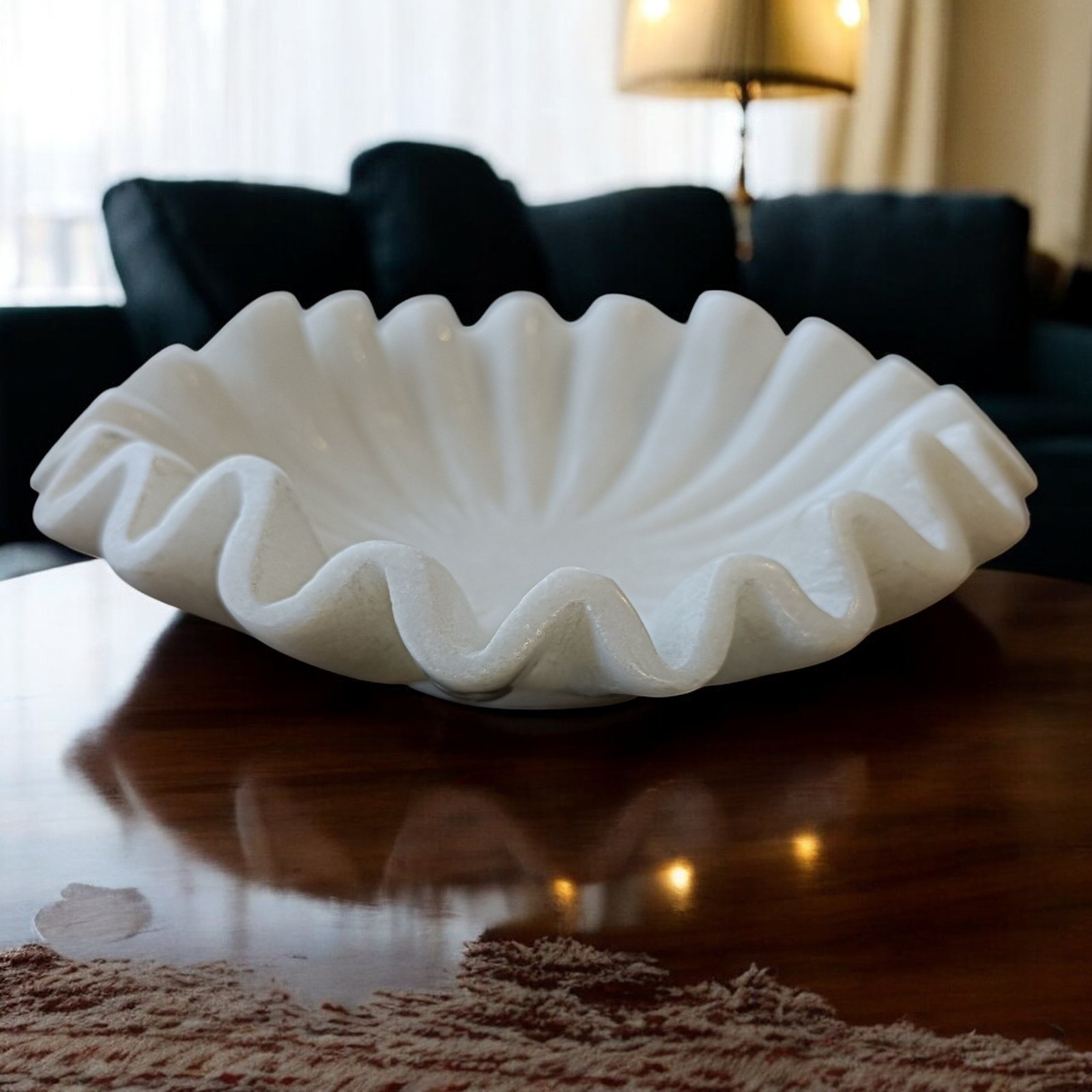 White Radial Ribbed Marble Wave Ruffle Bowl - 9 Inch - Image 2