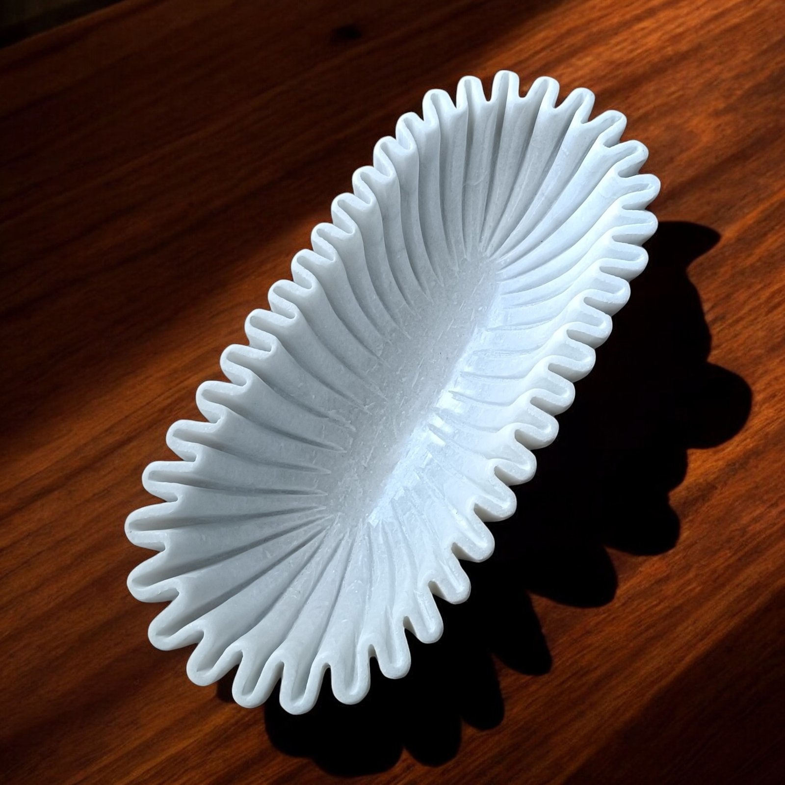 Oblong White Marble Scalloped Boat Bowl - 14 Inch