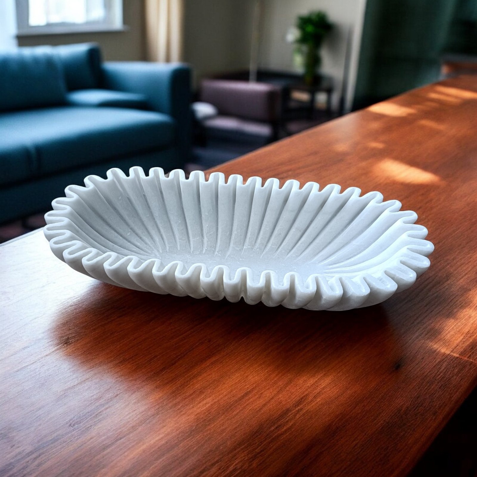 Oblong White Marble Scalloped Boat Bowl - 14 Inch - Image 2