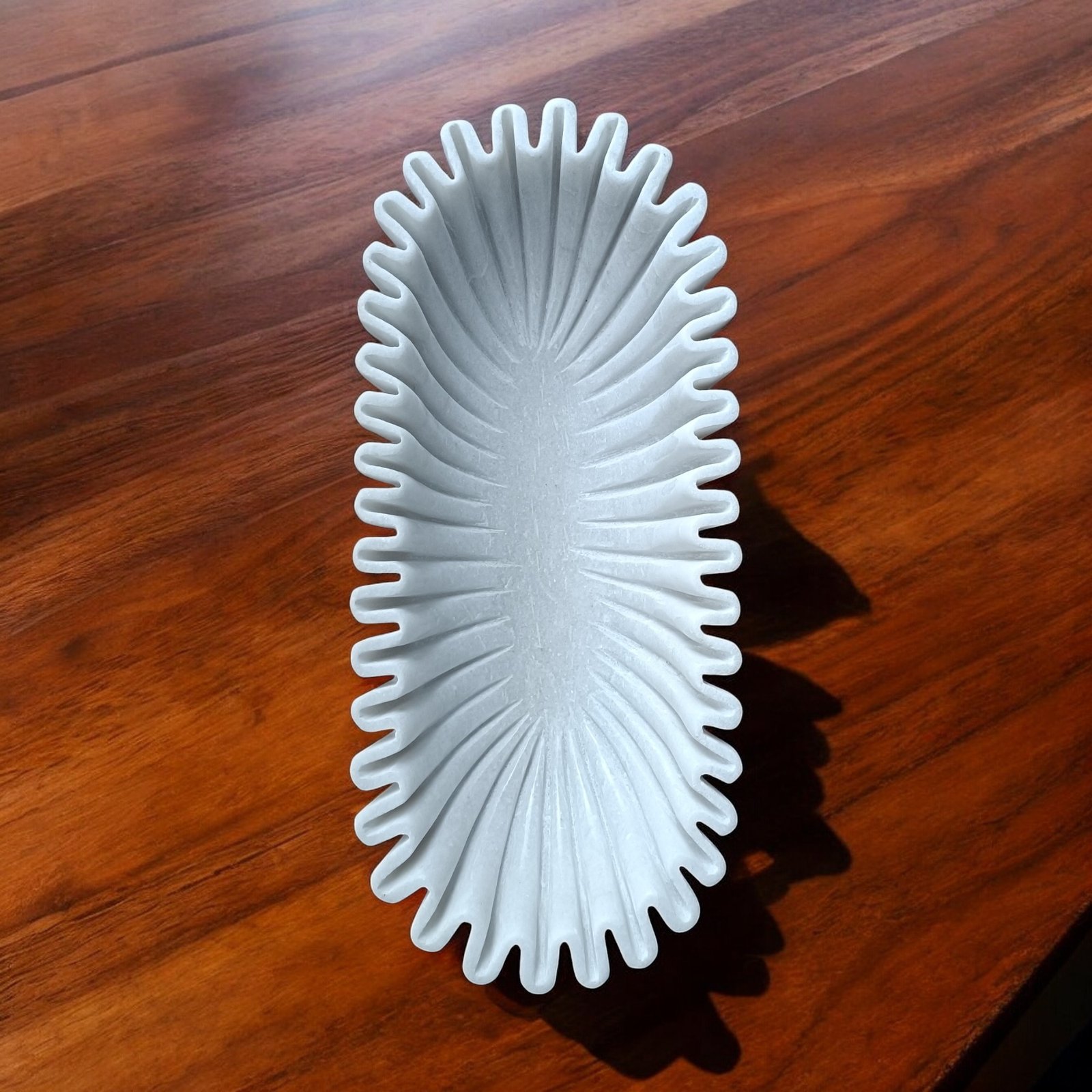Oblong White Marble Scalloped Boat Bowl - 14 Inch - Image 3