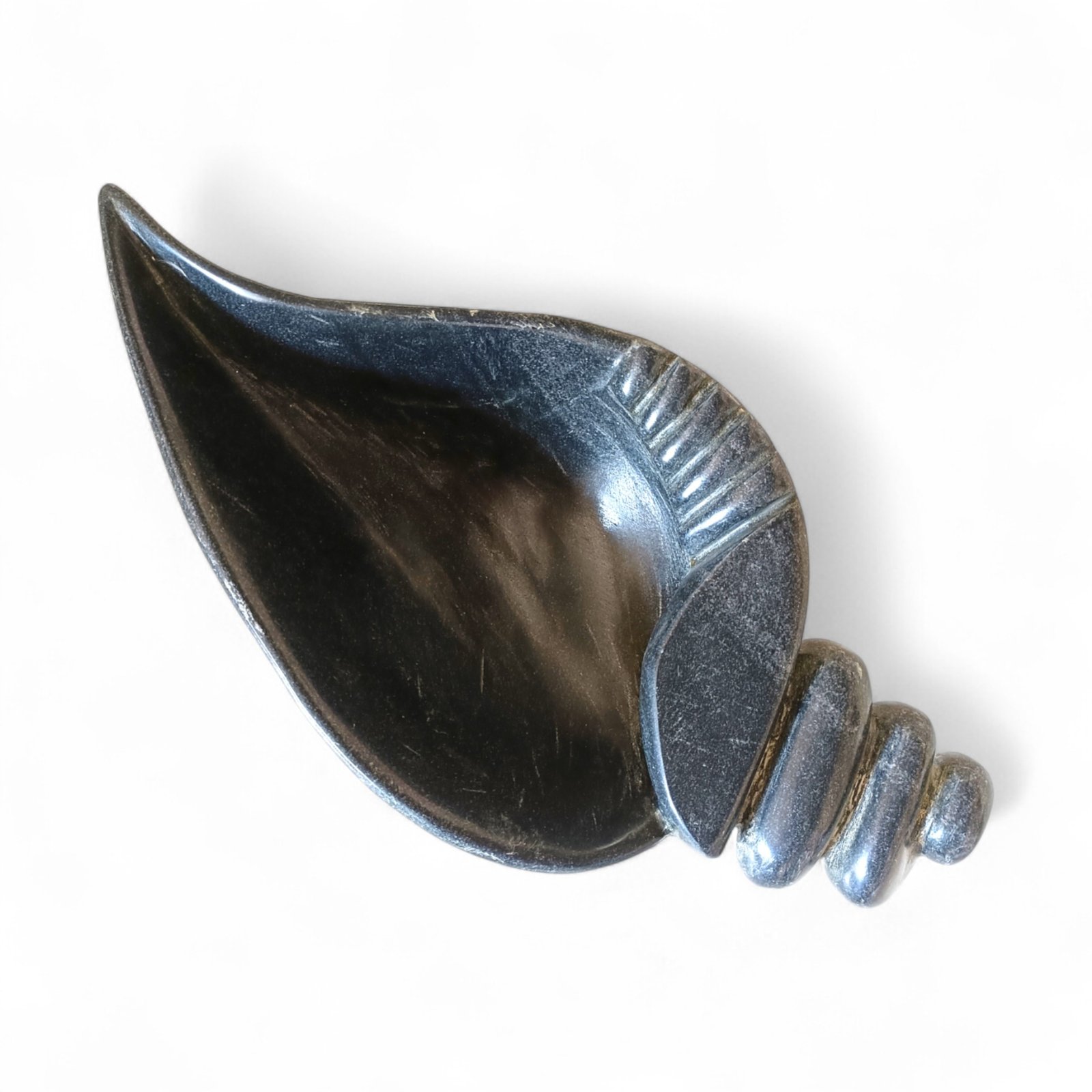 Hand-Carved Grey-Black Marble Shell Bowl - 12 Inch