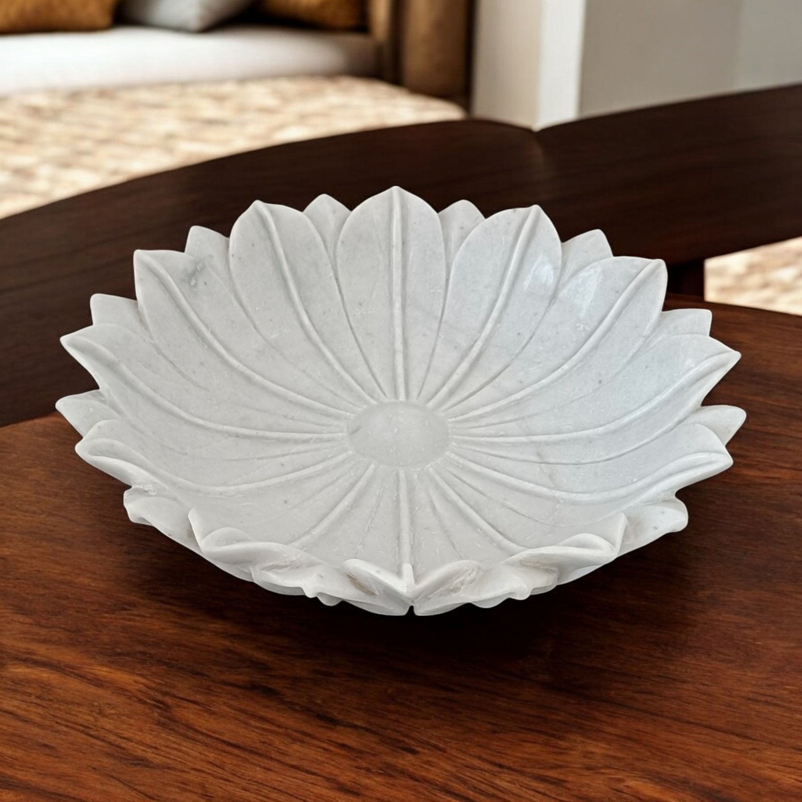 Ivory Lotus Bloom Marble Centerpiece Bowl - 18 Inch