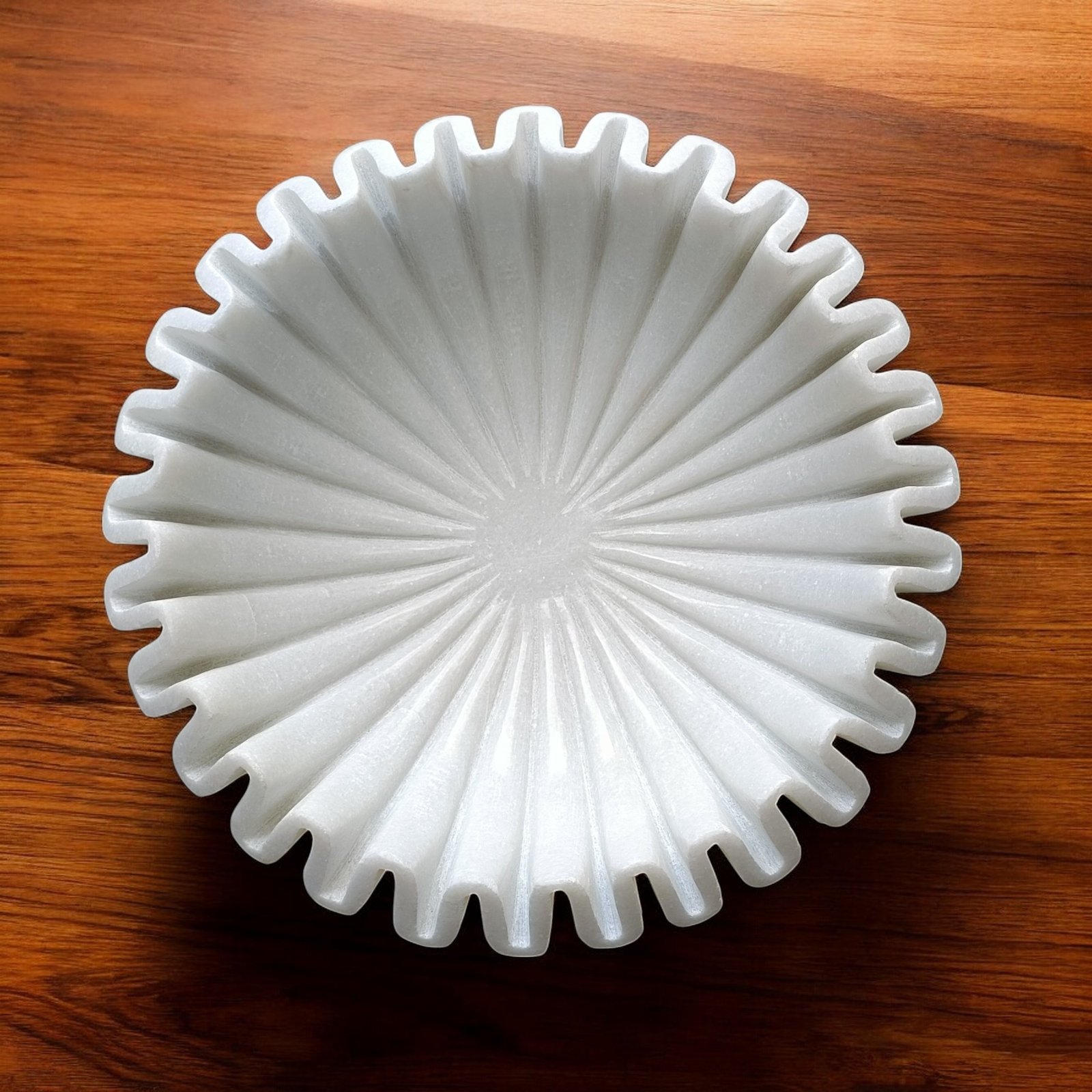 Snow White Sunburst Pleated Marble Statement Bowl - 9 Inch - Image 2