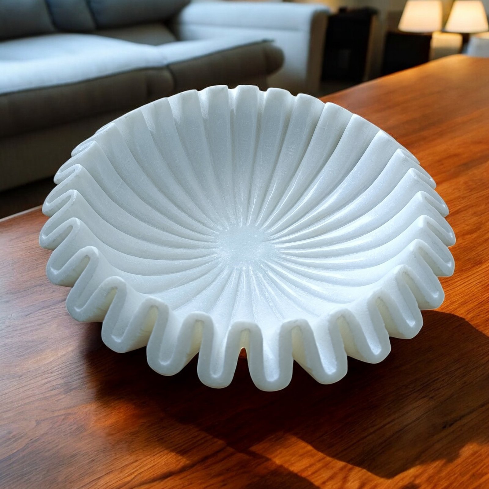 Snow White Sunburst Pleated Marble Statement Bowl - 9 Inch - Image 4