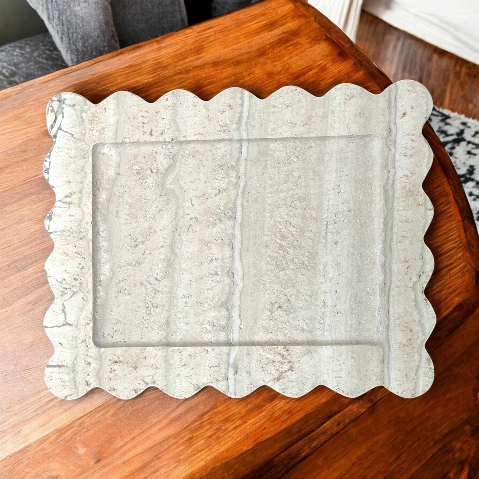 Travertine Marble Serving Tray – 10×8 Inch Scalloped Decor