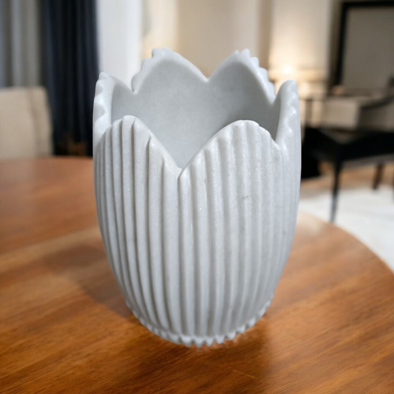 Hand Carved White Marble Scalloped Planter – 9 Inch Vase - Image 3