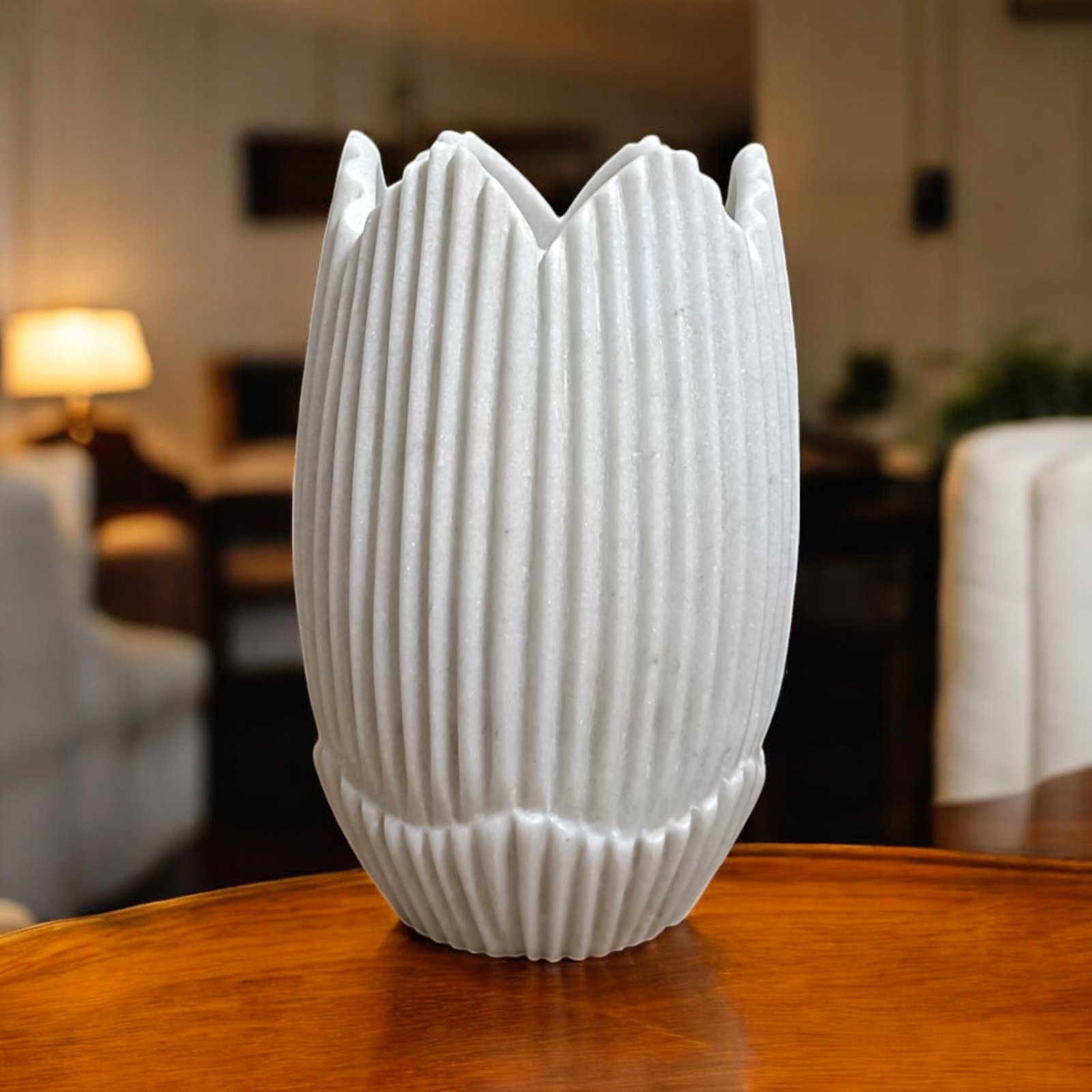 Hand Carved White Marble Scalloped Planter – 9 Inch Vase