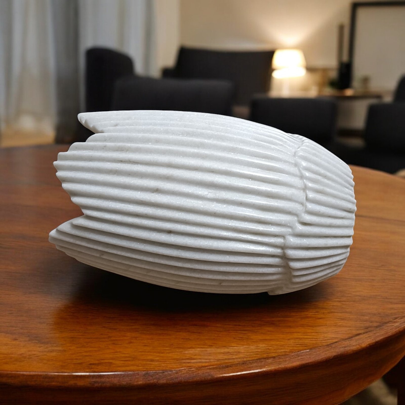 Hand Carved White Marble Scalloped Planter – 9 Inch Vase - Image 4