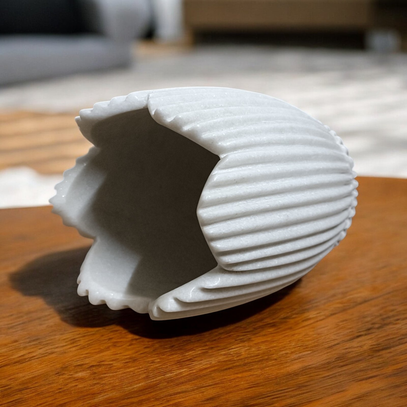 Hand Carved White Marble Scalloped Planter – 9 Inch Vase - Image 5