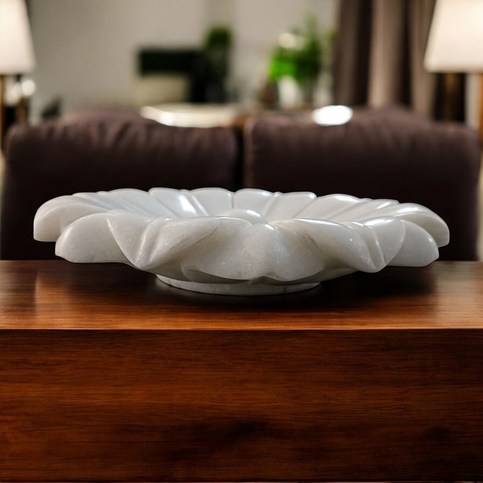 White Daisy Floral Ribbed Marble Petal Bowl - 9 Inch - Image 3