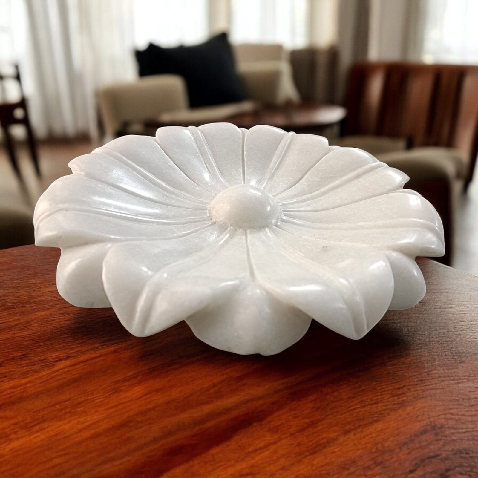 White Daisy Floral Ribbed Marble Petal Bowl - 9 Inch - Image 4