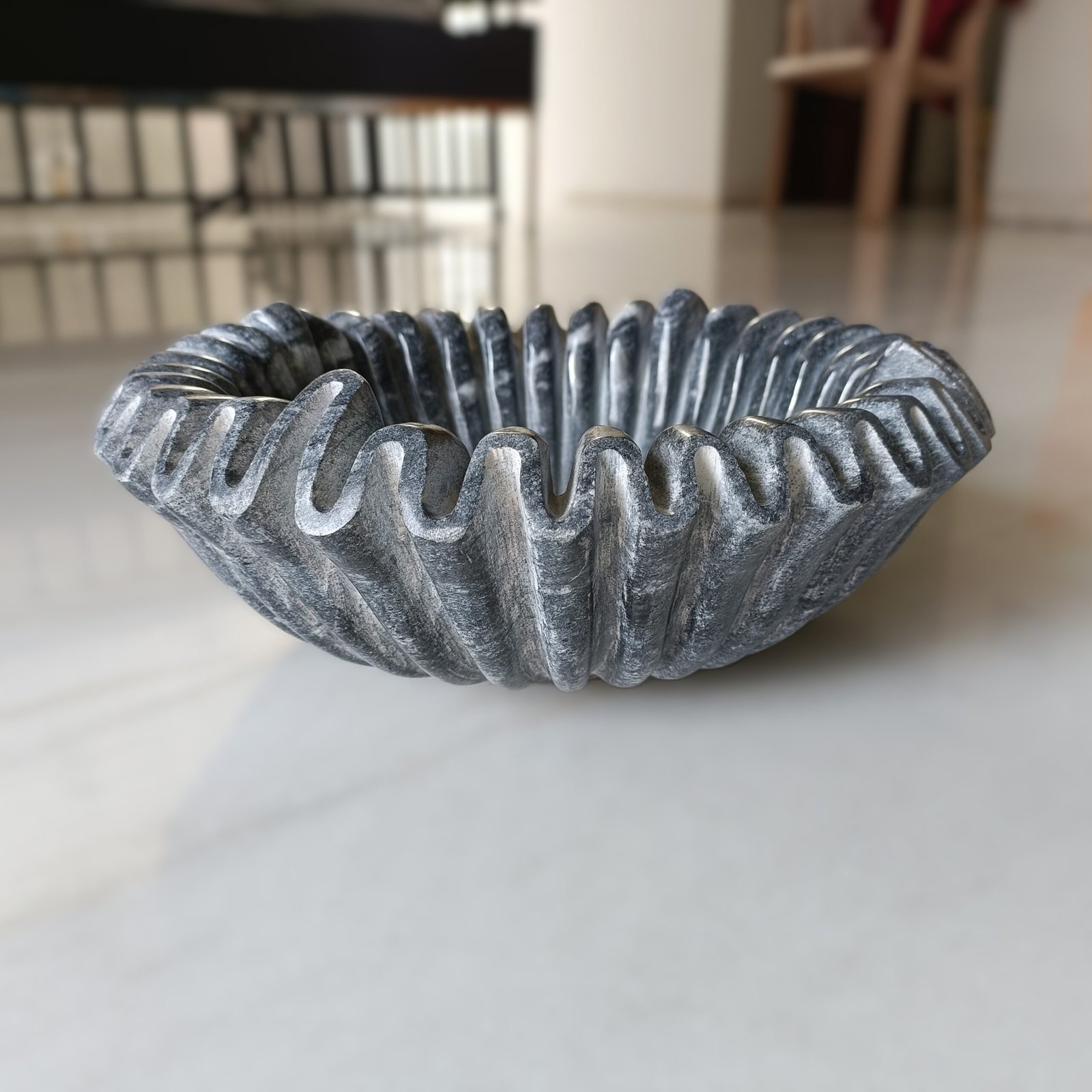Greyish Black Ribbed Wave Marble Bowl - 12 Inch - Image 5