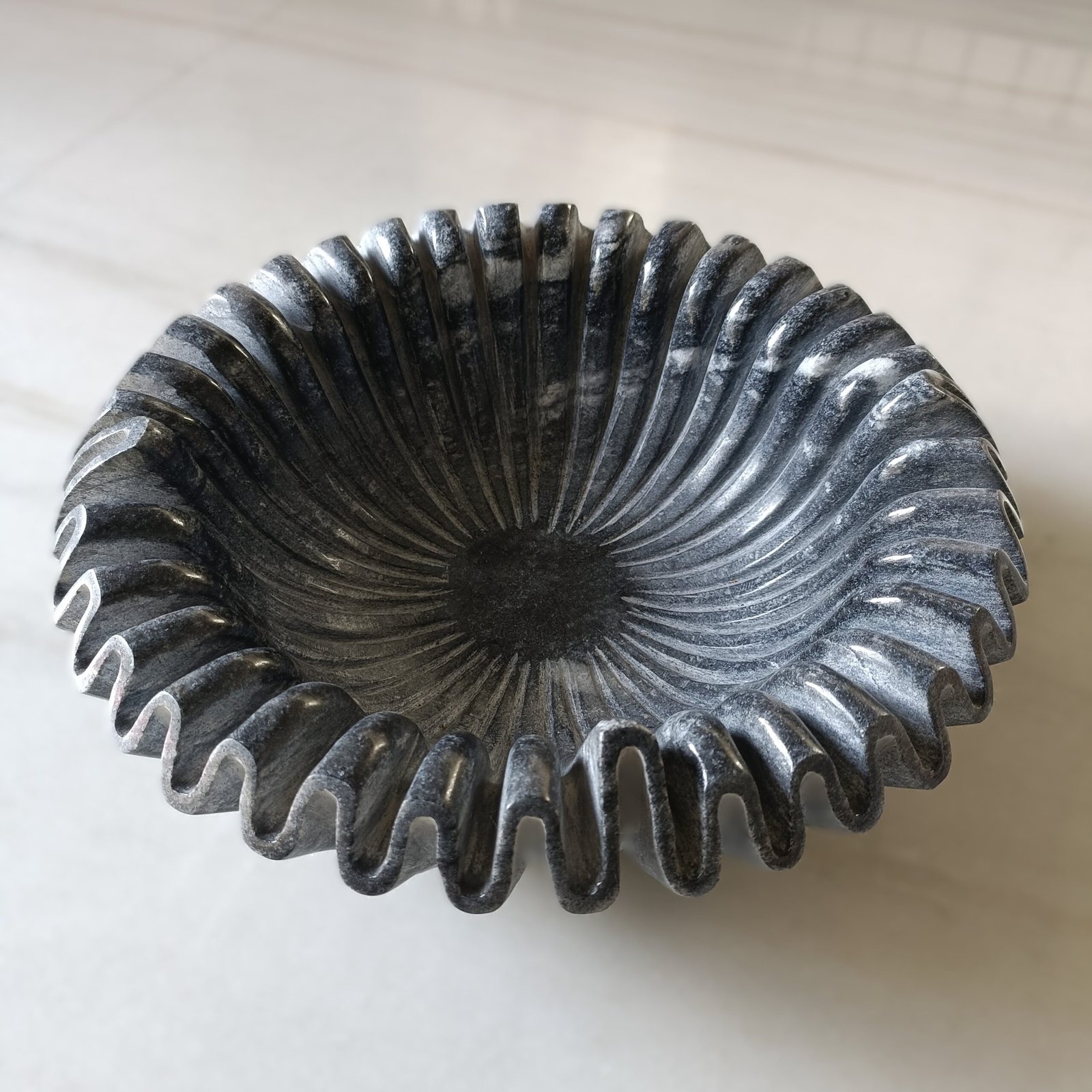 Greyish Black Ribbed Wave Marble Bowl - 12 Inch - Image 3