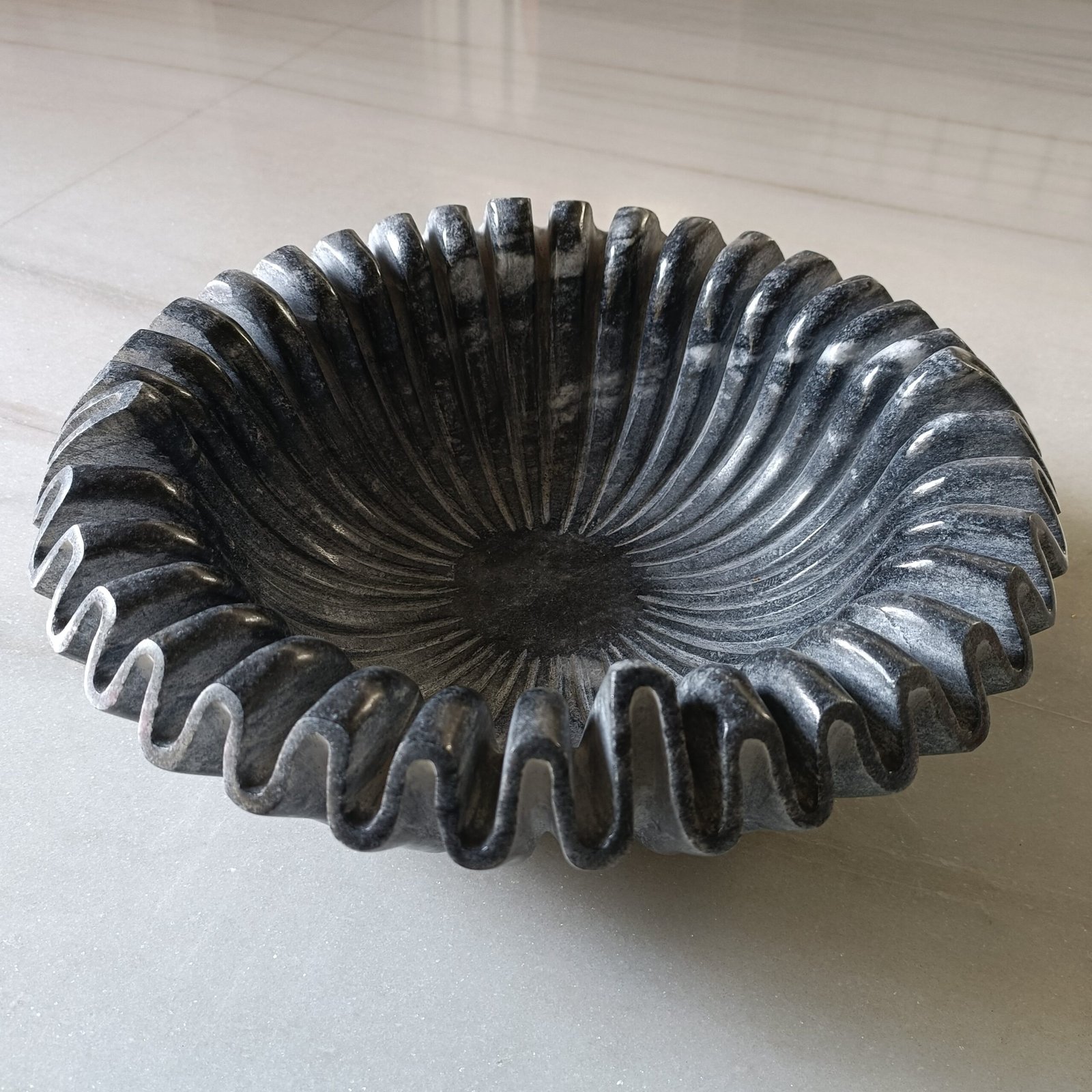Greyish Black Ribbed Wave Marble Bowl - 12 Inch