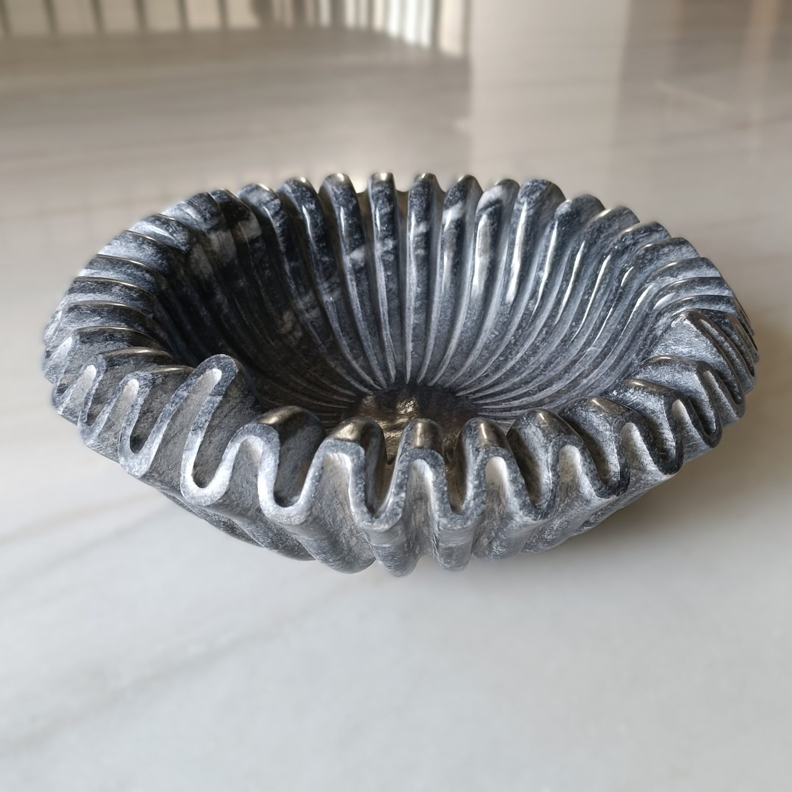 Greyish Black Ribbed Wave Marble Bowl - 12 Inch - Image 2