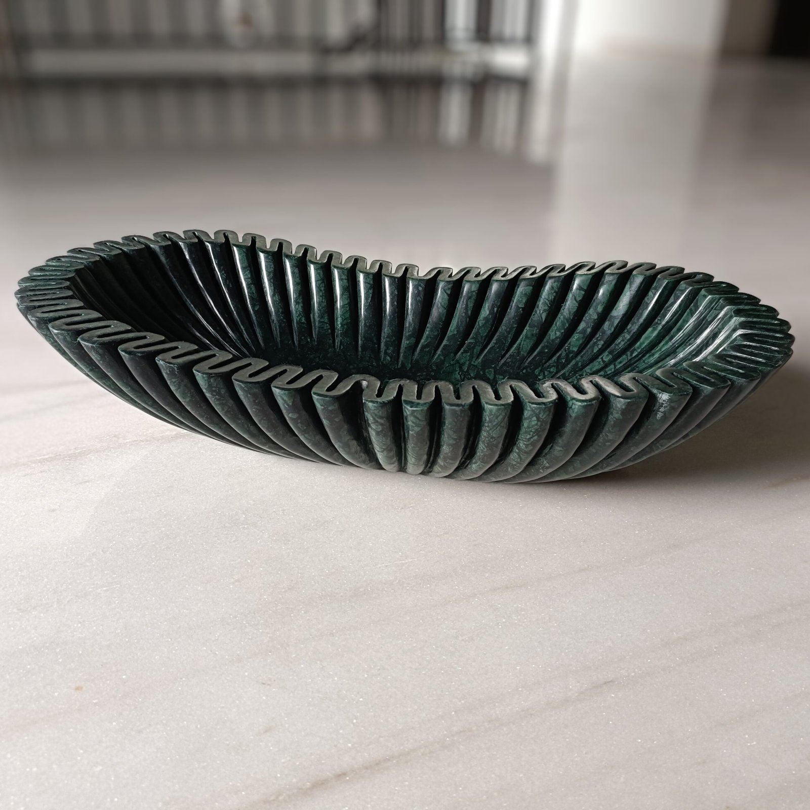 Green Scalloped Ribbed Marble Bowl - 18 Inch - Image 5